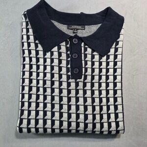 33 Degrees Mens Navy Blue White Geometric Knit Cotton Sweater Polo Shirt Medium